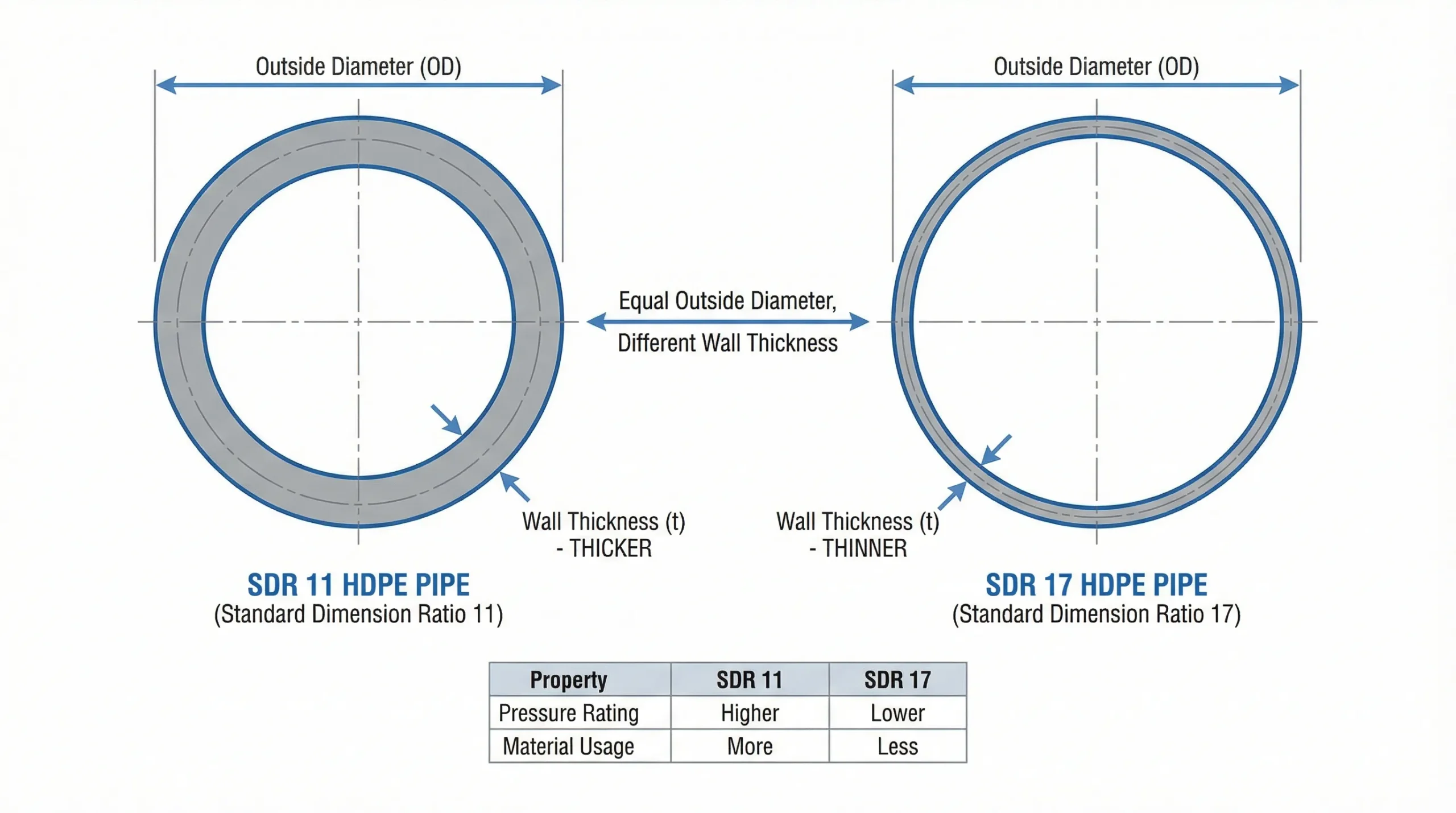 Technical comparison infographic of SDR 11 vs SDR 17 HDPE pipes