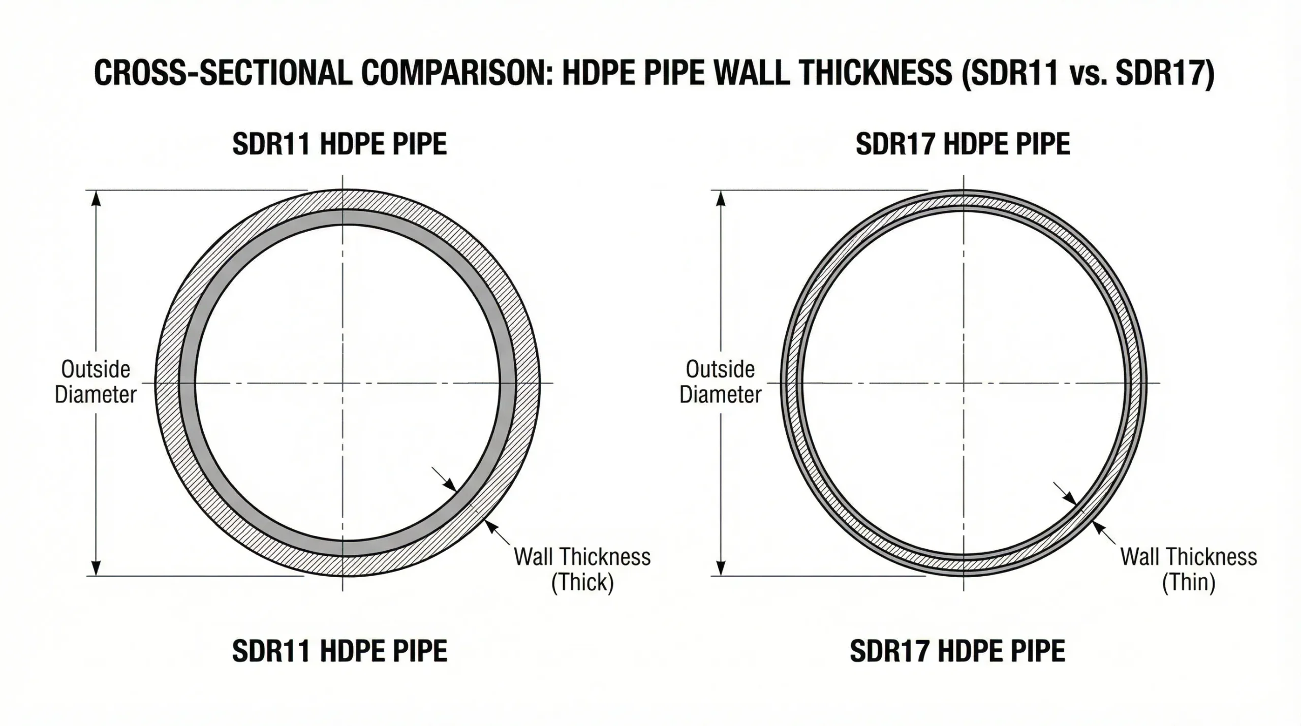 HDPE pipe cross-section showing SDR and wall thickness comparison