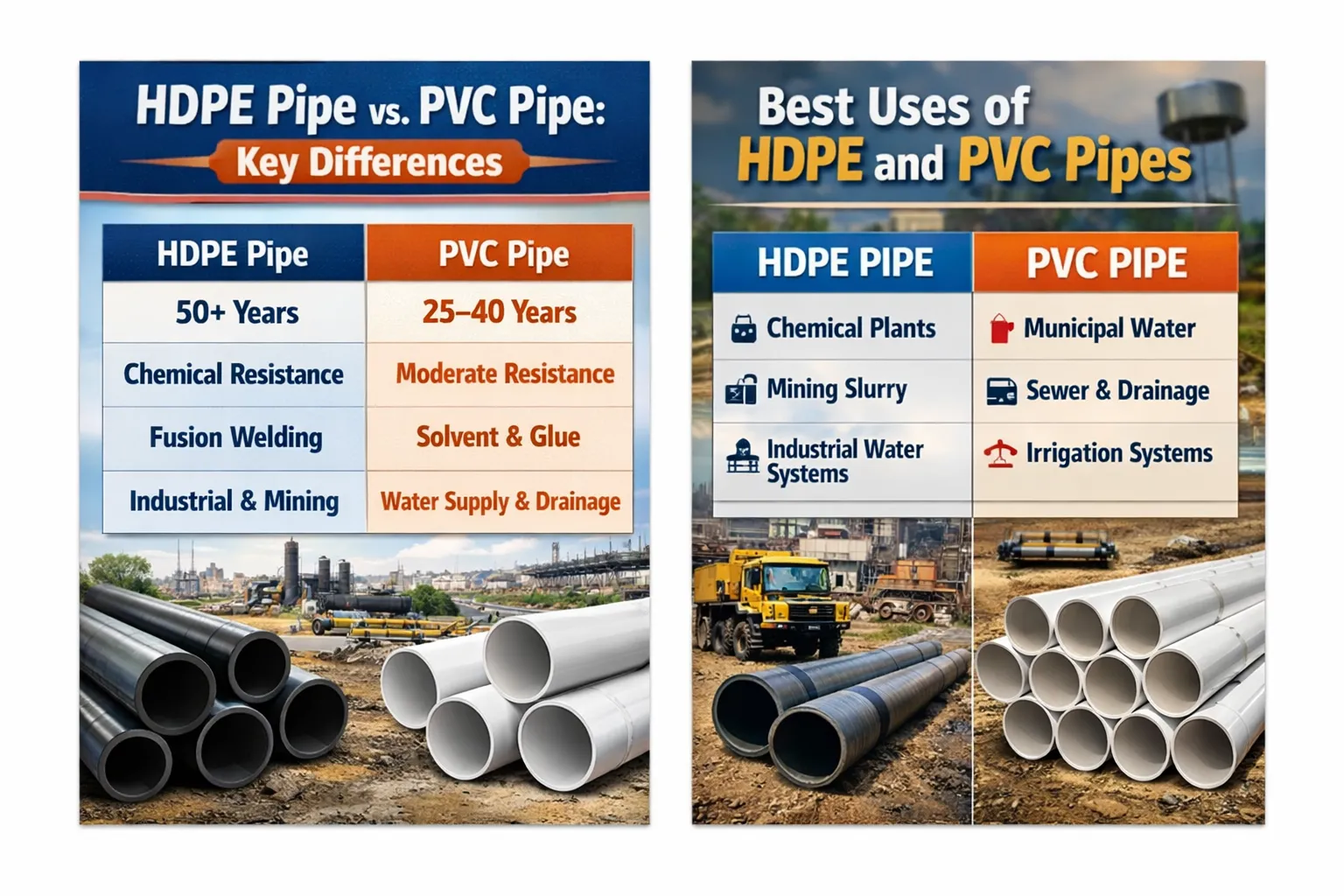 HDPE Pipe vs PVC Pipe: Cost, Lifespan and Industrial Applications