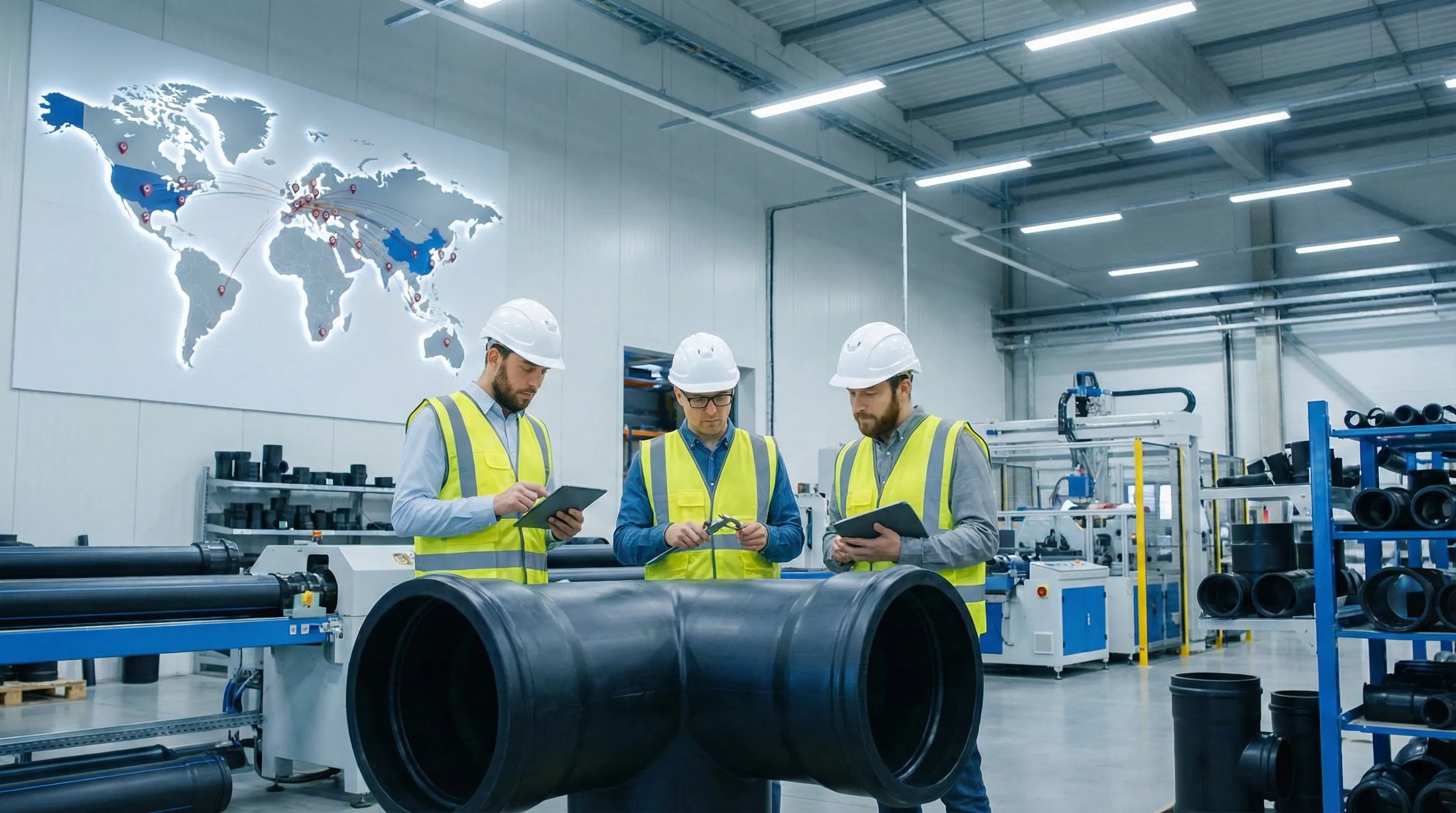 Engineers inspecting pipe fittings in a modern factory with global map background