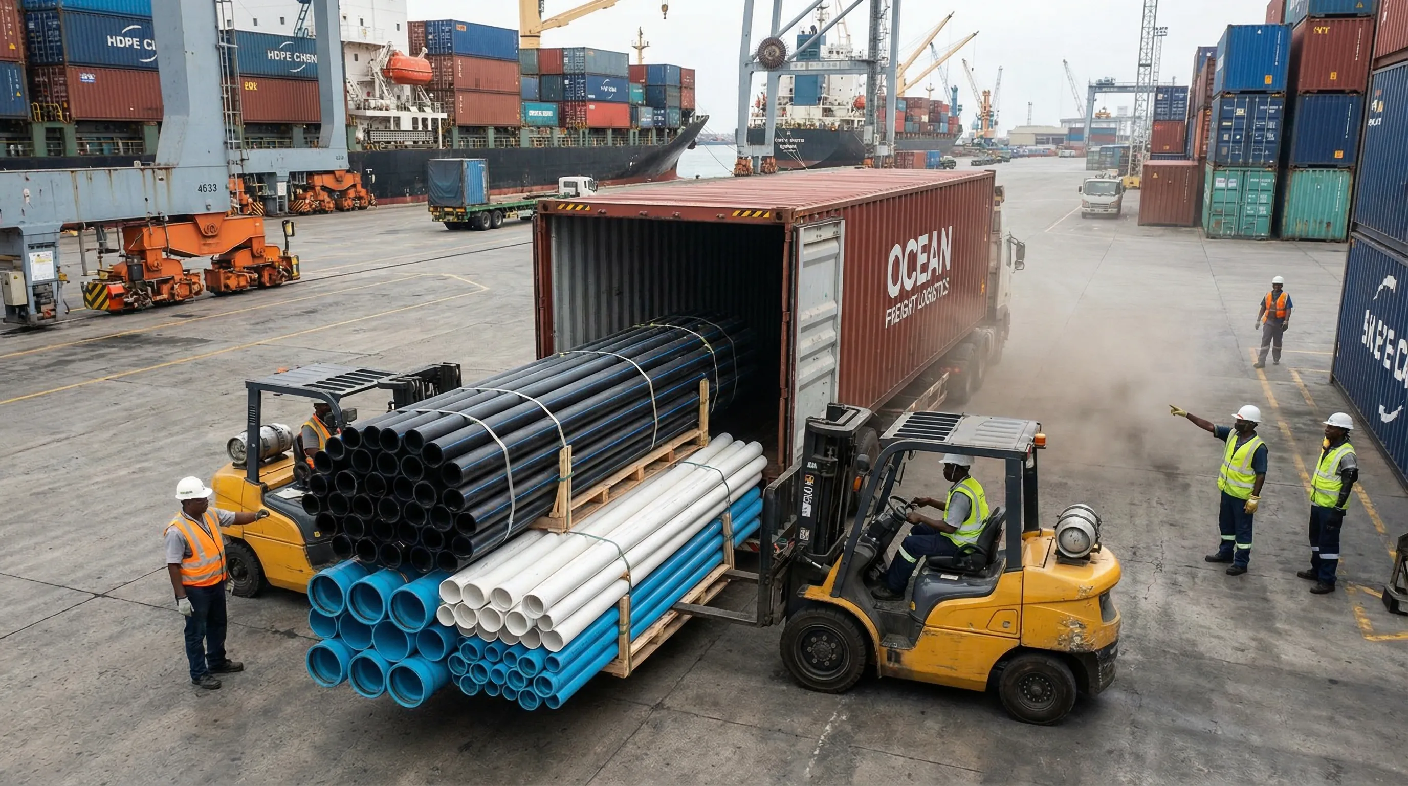 HDPE and PVC pipes bundled and loaded into shipping container at port