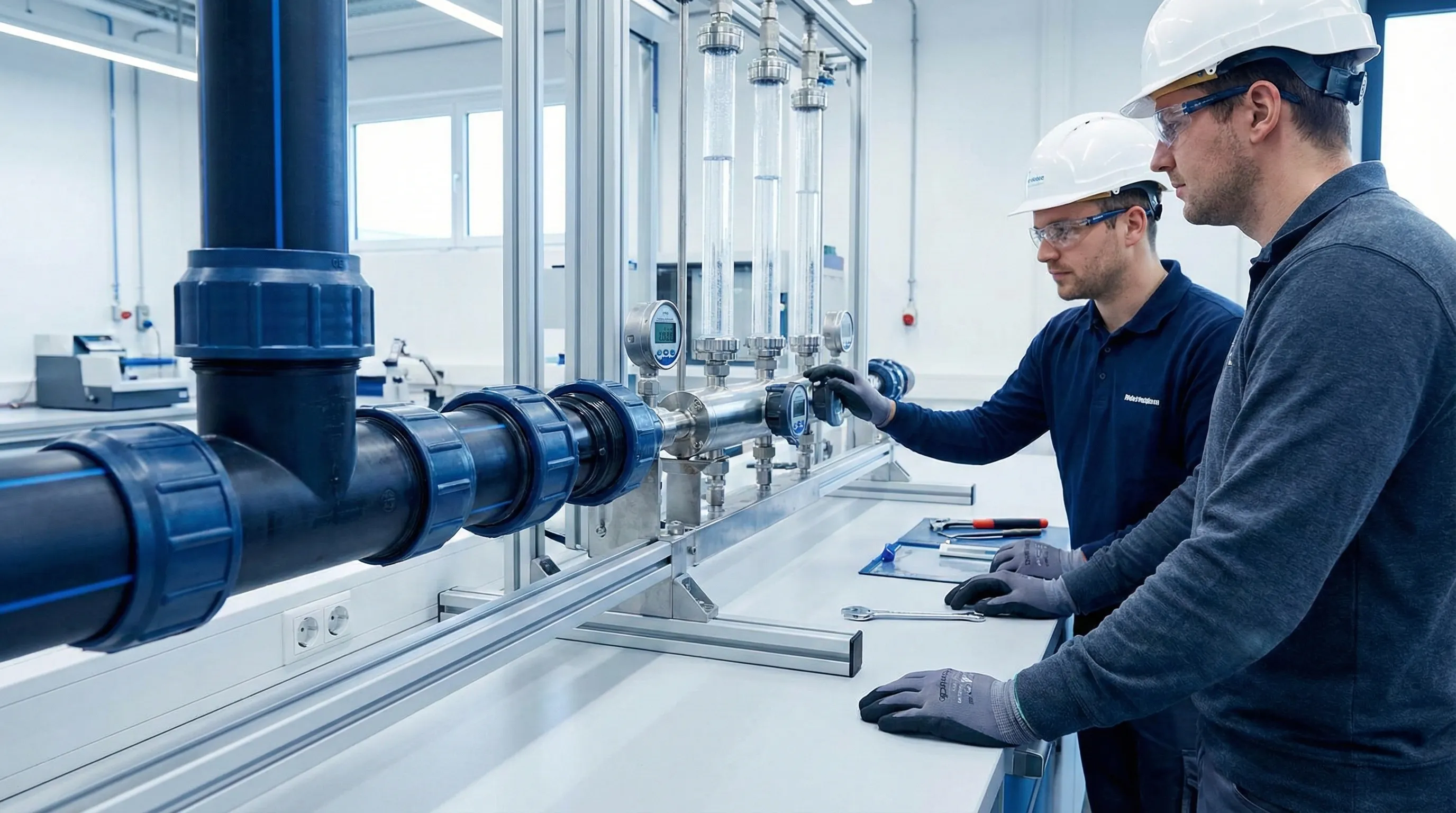 Industrial pipe fittings undergoing pressure testing in laboratory