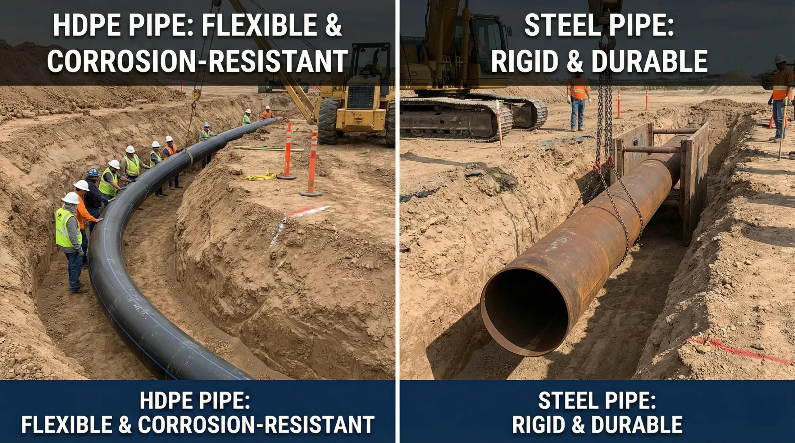 Cross-section diagram comparing corrosion resistance of HDPE pipe versus steel pipe in soil environment with labeled components